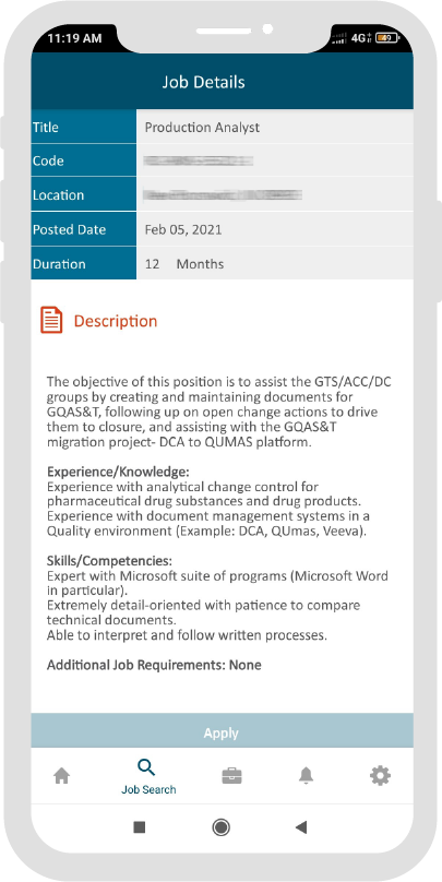 A mobile screenshot of the RTN job details page
