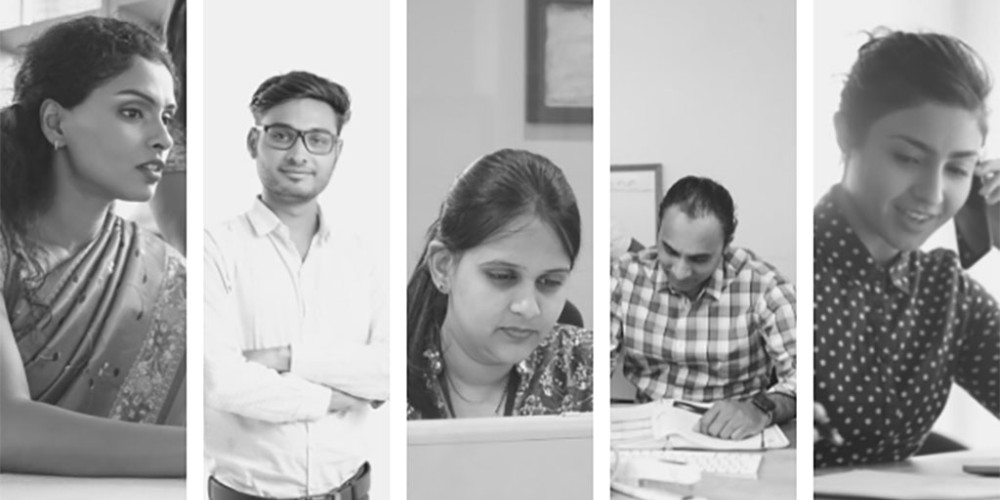 Collage: Five working professionals in black & white symbolize progress toward gender diversity in corporate India