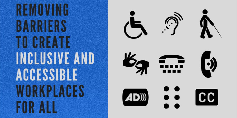 Text: 'Removing barriers for inclusive workplaces' (left) with tools/resources (right) on a blue background