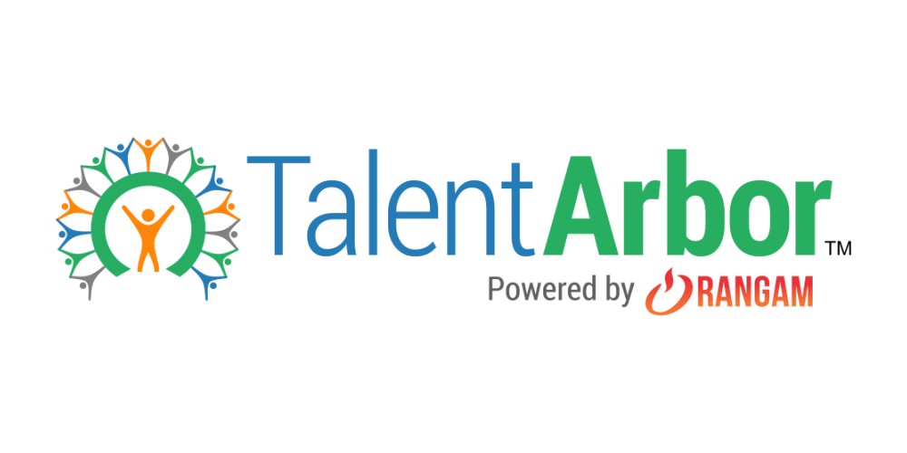 Blue and green color logo of Talent Arbour, powered by Rangam