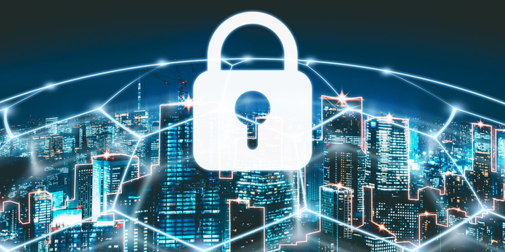 City-web technology image with central lock represents a rising need for cyber security