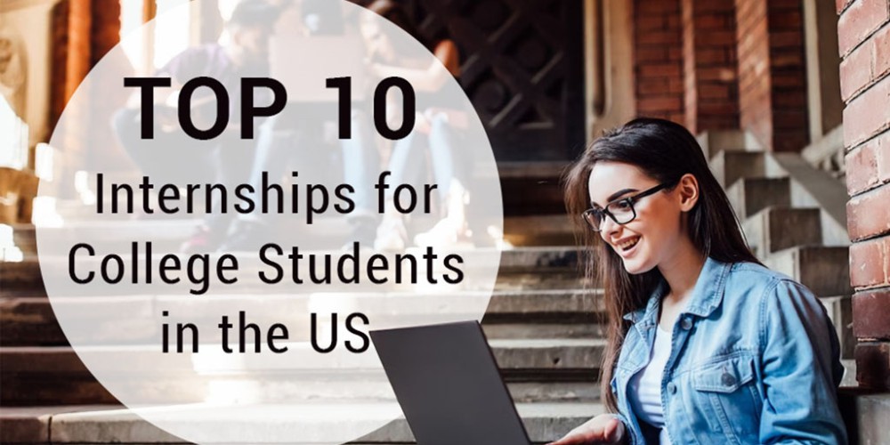 A college girl is looking for the top 10 internships for college students in the US on a laptop