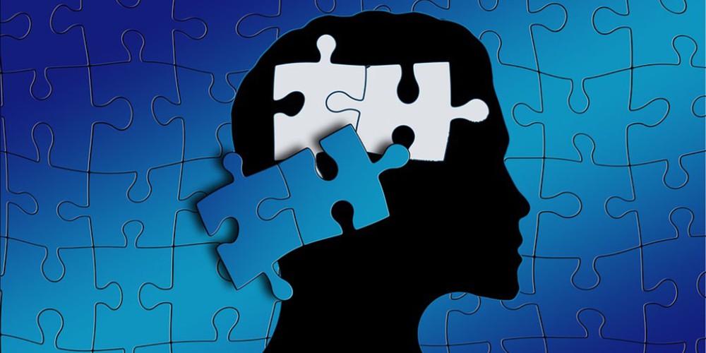 Blue puzzle piece with the human brain representing autism 